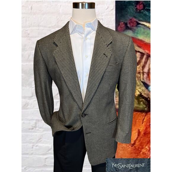 YSL Yves Saint Laurent 46R Black Tan Houndstooth Silk Cashmere Blazer Jacket - Picture 1 of 16